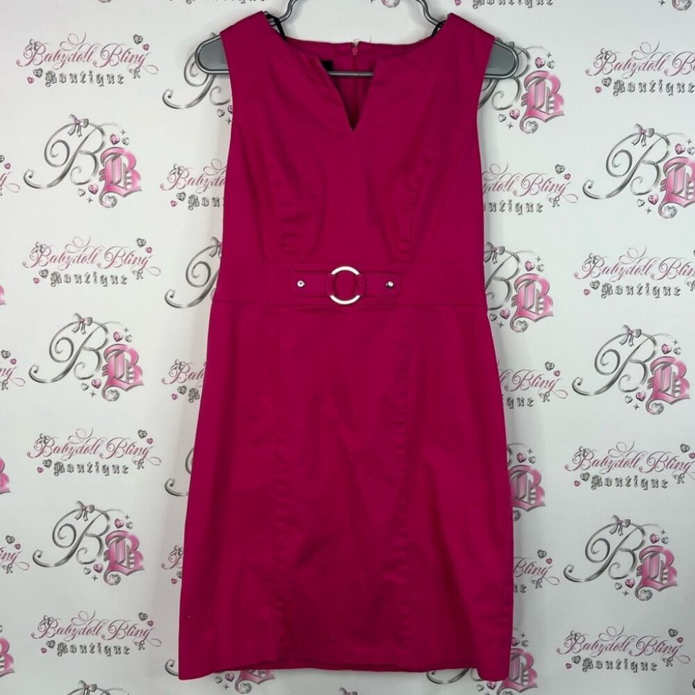 AGB dress belted metal silver zip up back luxe Fuchsia Belted Midi Dress